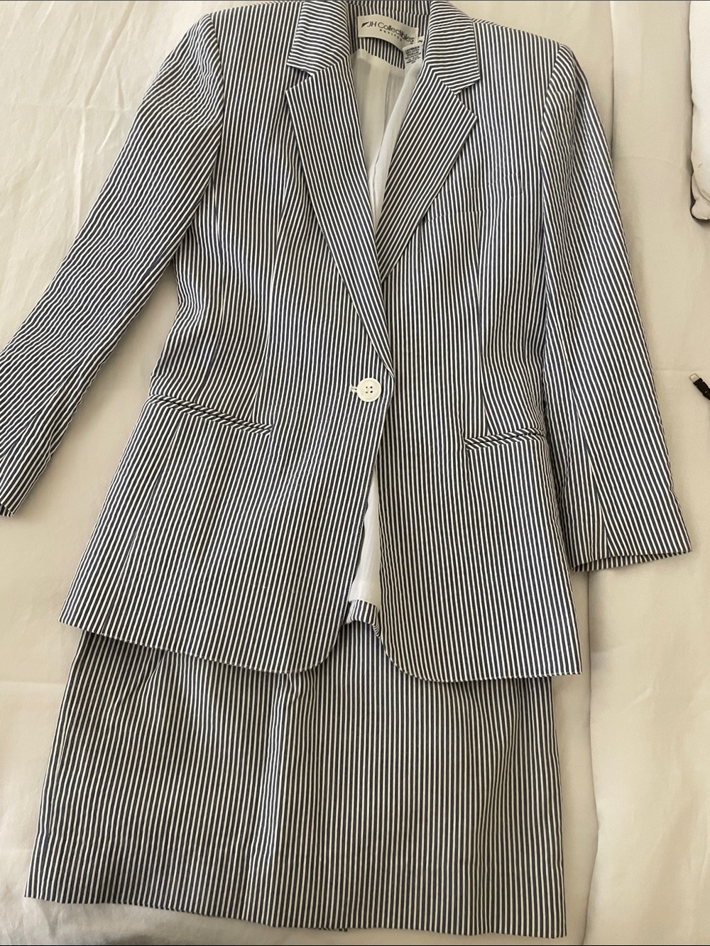 Striped Two-Piece Blazer & Skirt Set in Navy and White